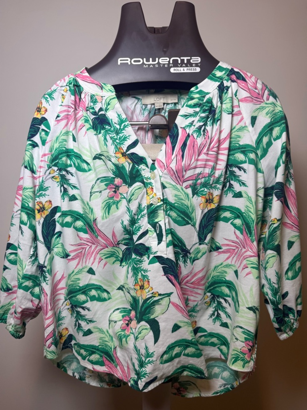 LOFT White Tropical Floral Button-Front Blouse with Pink & Green Leaves